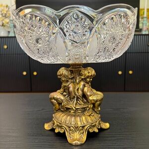 Antique Vintage Victorian Scallops Rim Crystal Gold Metal Footed Decorative Bowl